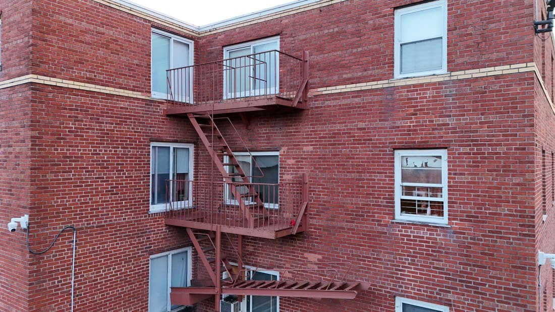 Drone field photograph, plate 003, 2026-01-12, New Jersey fire escape inspection by Oyster Fire Escape Inspections
