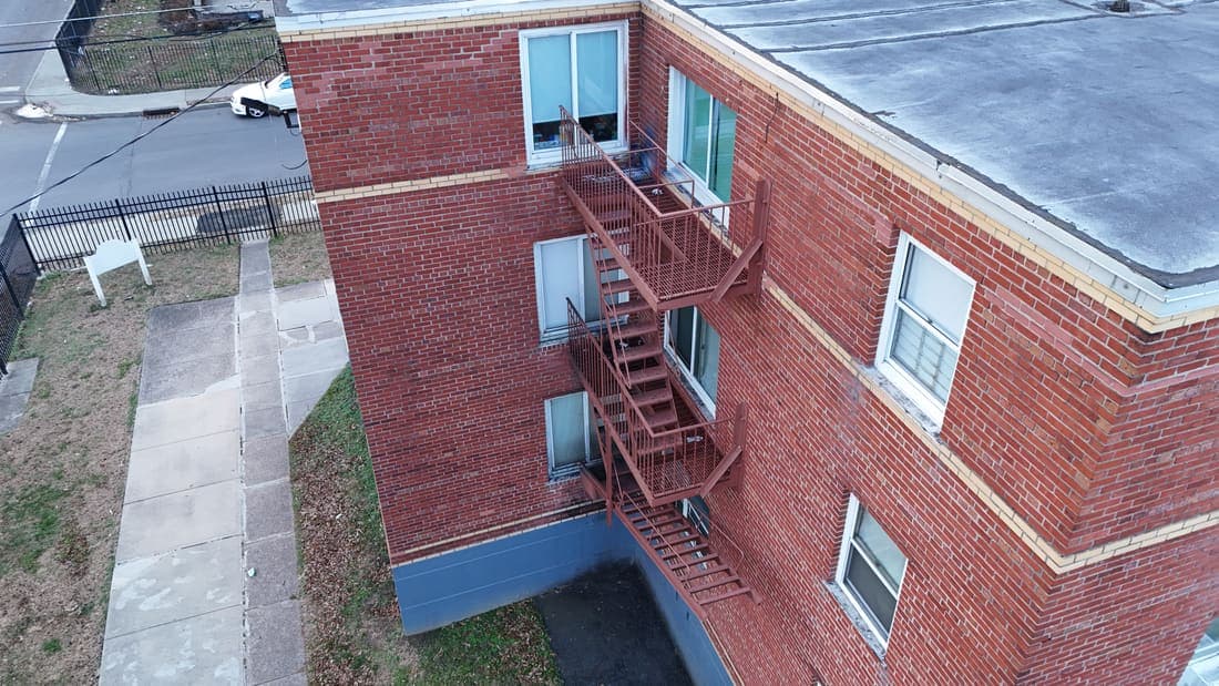 Drone field photograph, plate 005, 2026-01-12, New Jersey fire escape inspection by Oyster Fire Escape Inspections