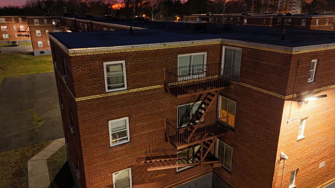 Drone field photograph, plate 009, 2026-01-12, New Jersey fire escape inspection by Oyster Fire Escape Inspections