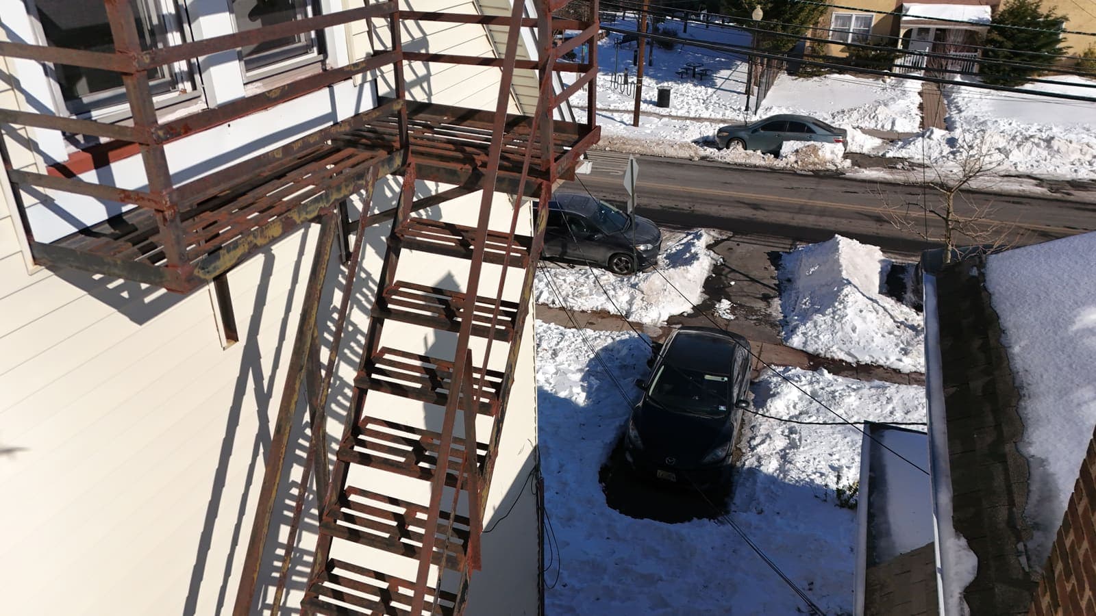 Drone field photograph, plate 015, 2026-01-30, New Jersey fire escape inspection by Oyster Fire Escape Inspections