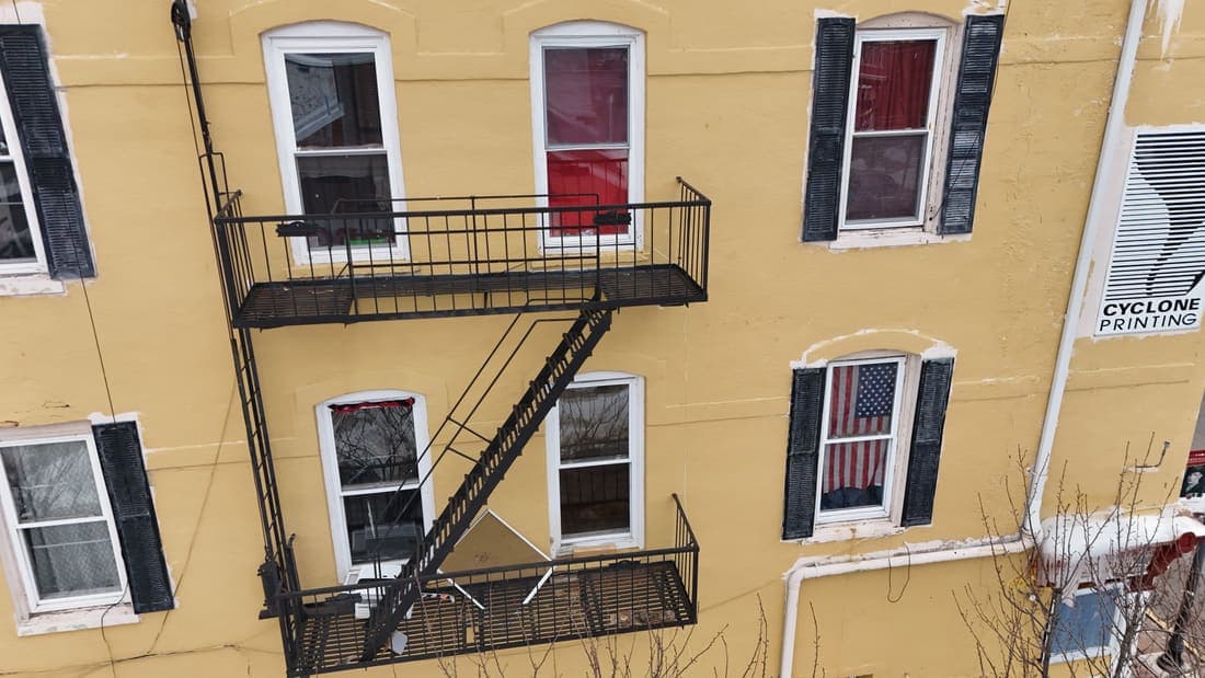 Drone field photograph, plate 018, 2026-02-03, New Jersey fire escape inspection by Oyster Fire Escape Inspections