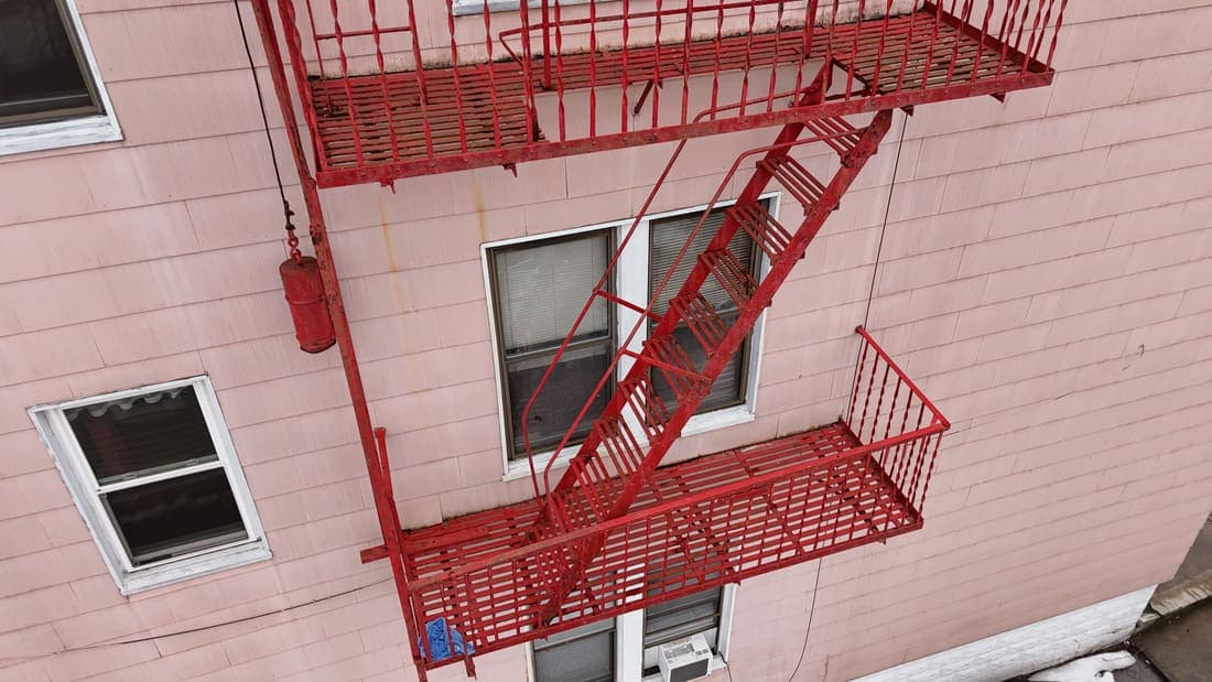 Drone field photograph, plate 037, 2026-02-18, New Jersey fire escape inspection by Oyster Fire Escape Inspections