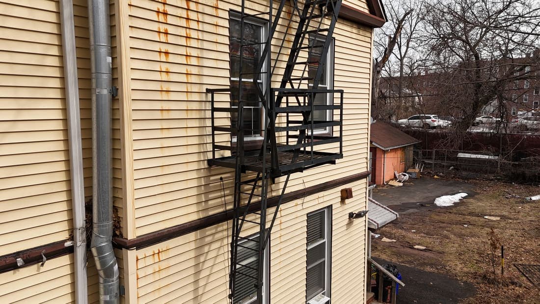 Drone field photograph, plate 039, 2026-03-08, New Jersey fire escape inspection by Oyster Fire Escape Inspections