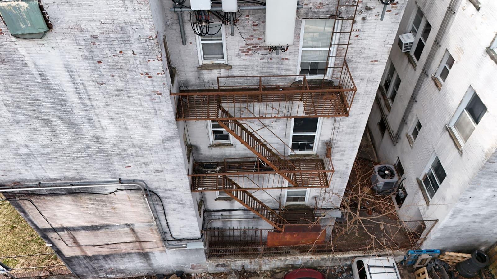 Drone field photograph, plate 049, 2026-03-11, New Jersey fire escape inspection by Oyster Fire Escape Inspections