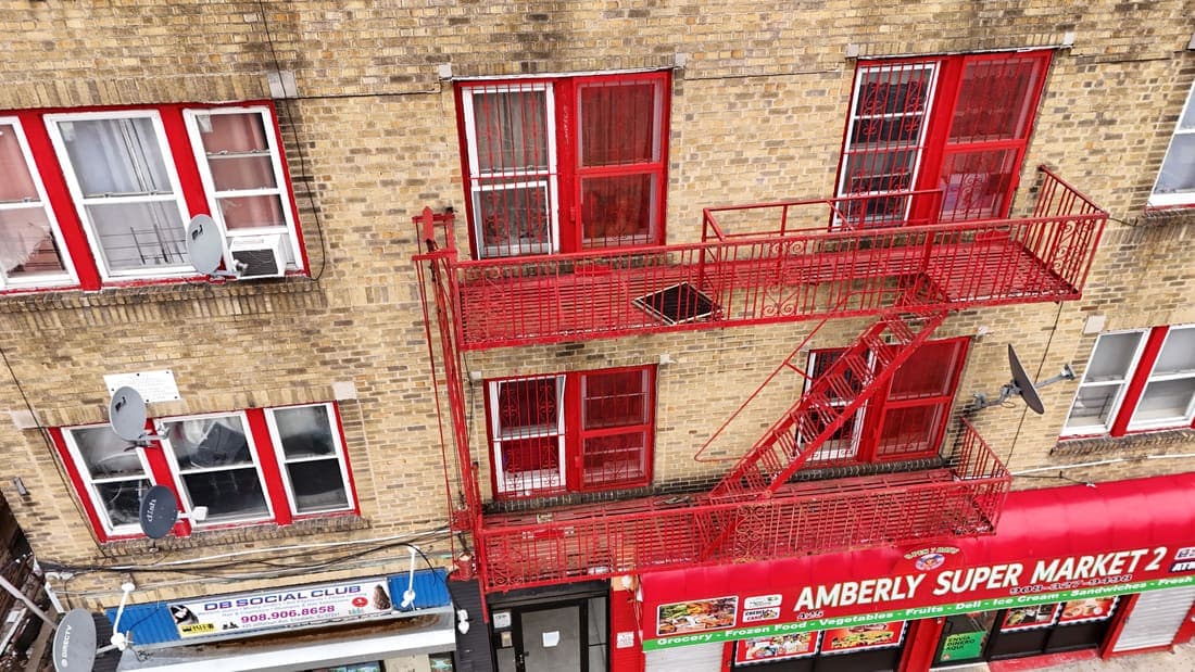Drone field photograph, plate 053, 2026-03-13, New Jersey fire escape inspection by Oyster Fire Escape Inspections
