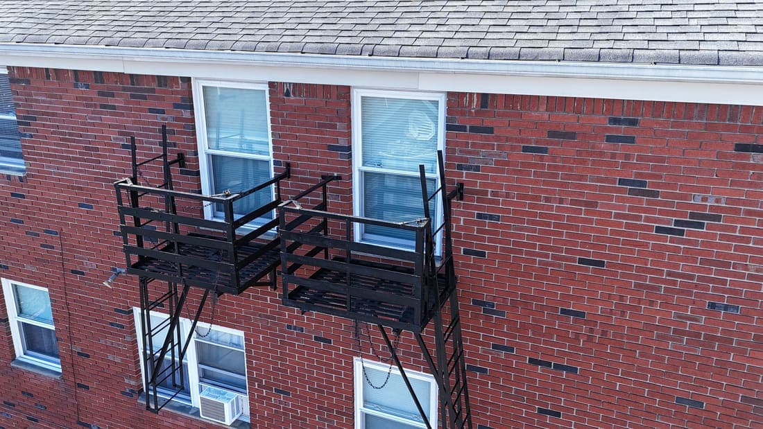 Drone field photograph, plate 058, 2026-03-17, New Jersey fire escape inspection by Oyster Fire Escape Inspections