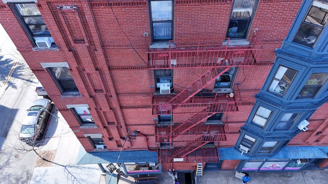 Drone field photograph, plate 060, 2026-03-17, New Jersey fire escape inspection by Oyster Fire Escape Inspections