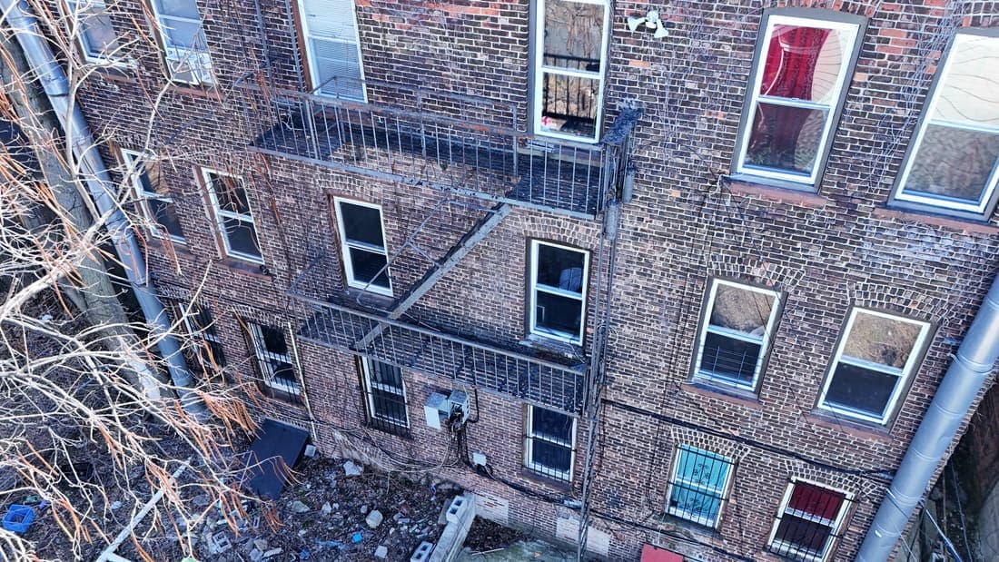 Drone field photograph, plate 061, 2026-03-17, New Jersey fire escape inspection by Oyster Fire Escape Inspections