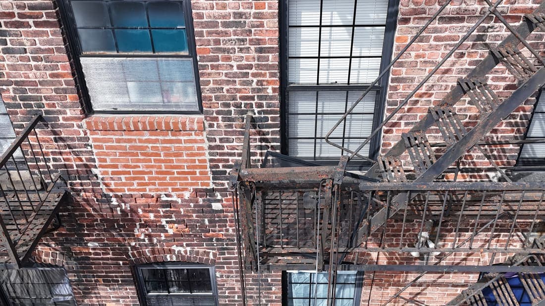 Drone field photograph, plate 072, 2026-03-18, New Jersey fire escape inspection by Oyster Fire Escape Inspections