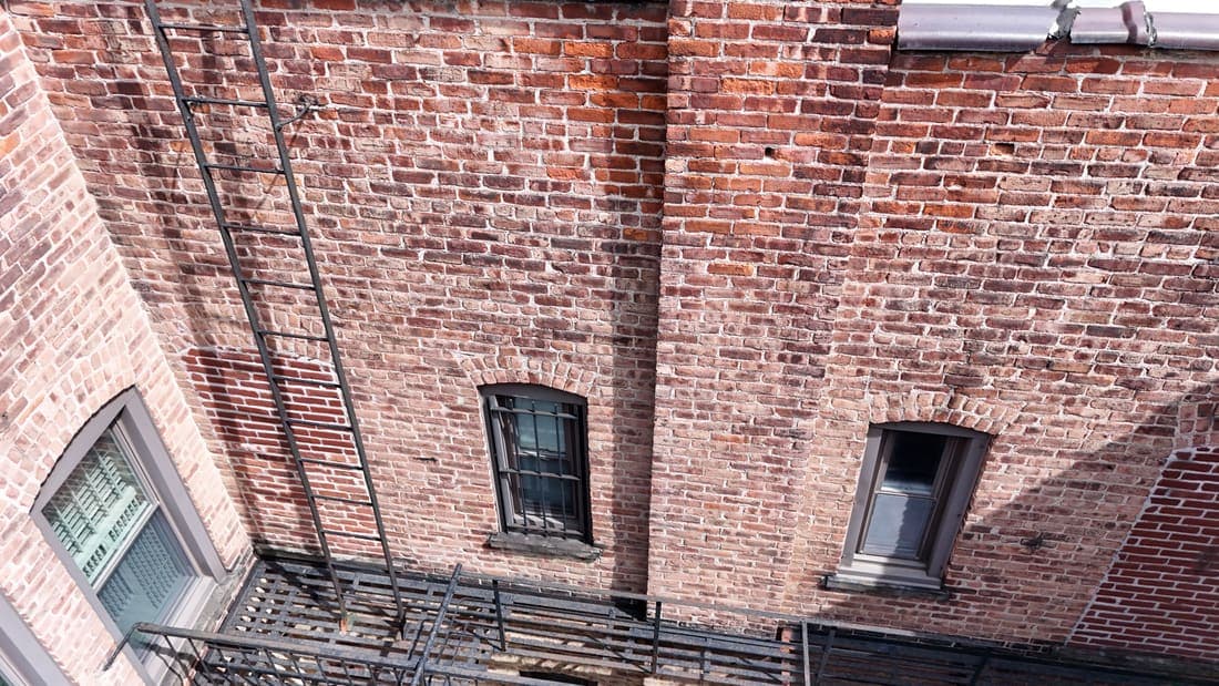 Drone field photograph, plate 088, 2026-04-15, New Jersey fire escape inspection by Oyster Fire Escape Inspections