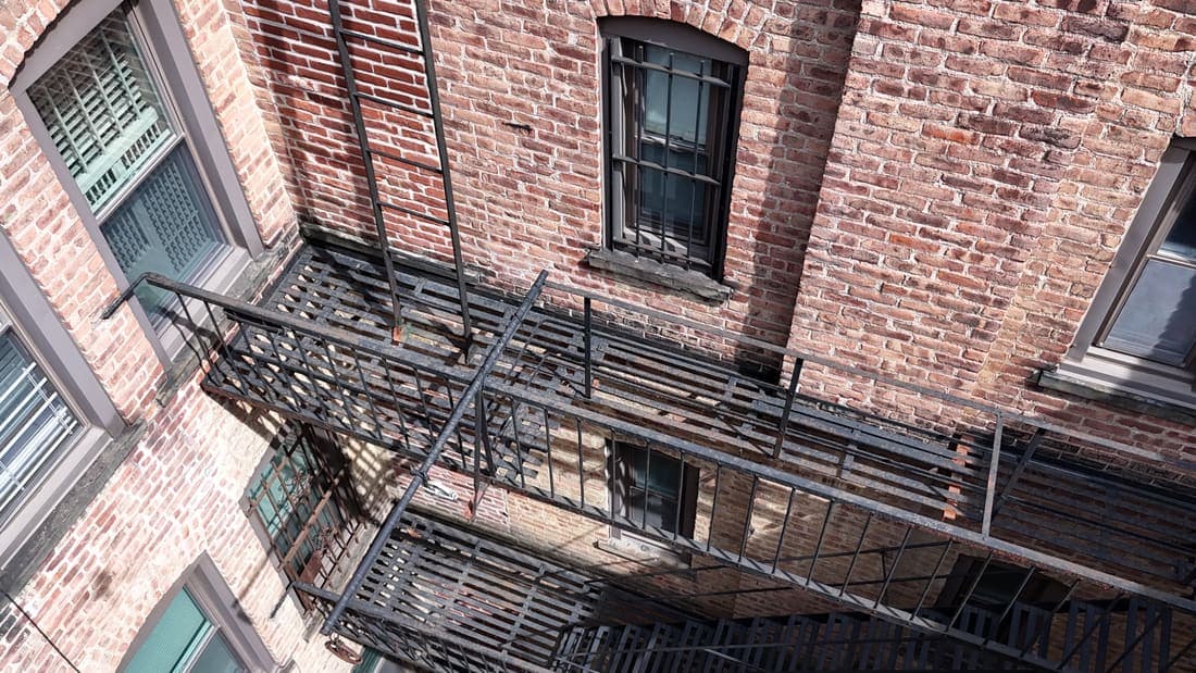 Drone field photograph, plate 089, 2026-04-15, New Jersey fire escape inspection by Oyster Fire Escape Inspections