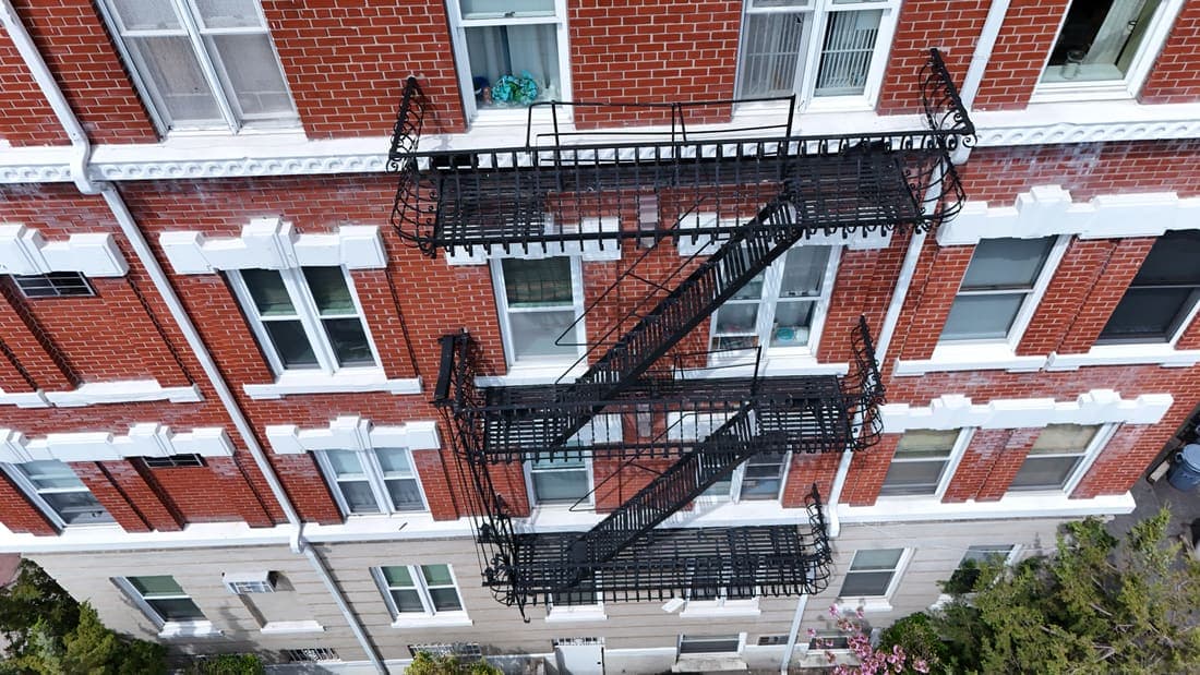 Drone field photograph, plate 093, 2026-04-15, New Jersey fire escape inspection by Oyster Fire Escape Inspections