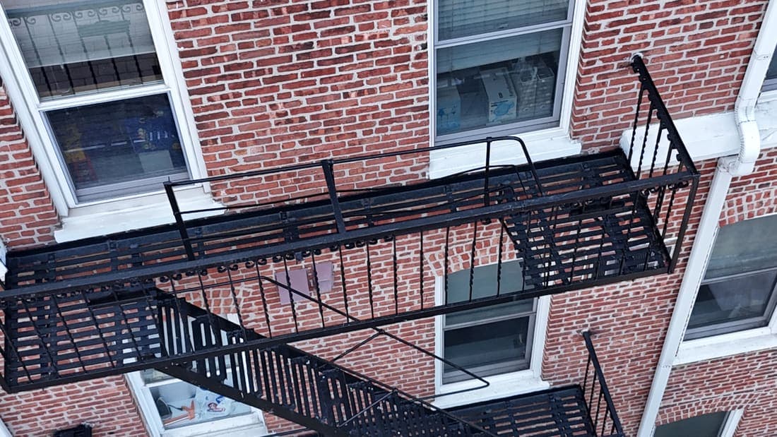 Drone field photograph, plate 095, 2026-04-15, New Jersey fire escape inspection by Oyster Fire Escape Inspections