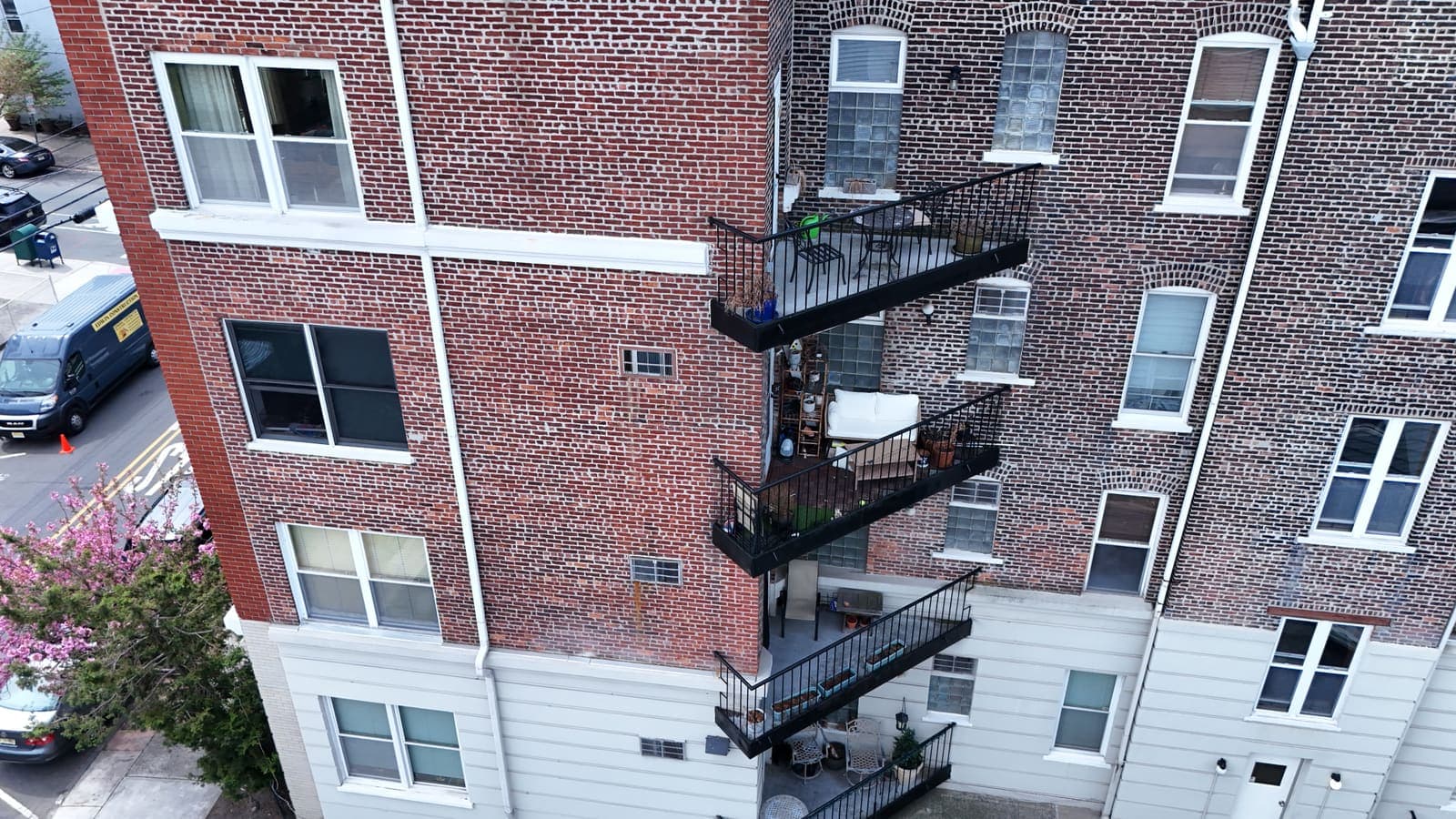 Drone field photograph, plate 097, 2026-04-15, New Jersey fire escape inspection by Oyster Fire Escape Inspections