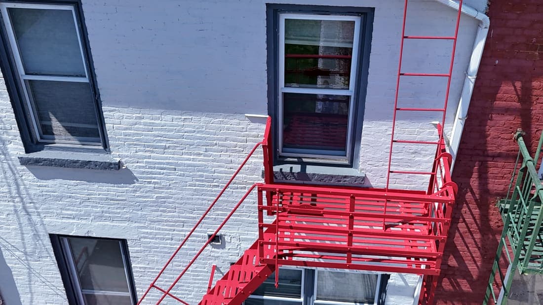 Drone field photograph, plate 100, 2026-04-15, New Jersey fire escape inspection by Oyster Fire Escape Inspections