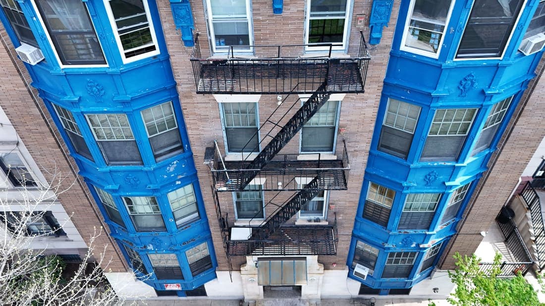 Drone field photograph, plate 101, 2026-04-16, New Jersey fire escape inspection by Oyster Fire Escape Inspections