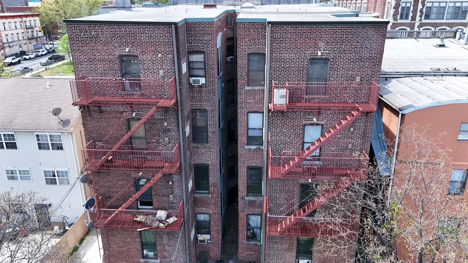 Drone field photograph, plate 105, 2026-04-16, New Jersey fire escape inspection by Oyster Fire Escape Inspections