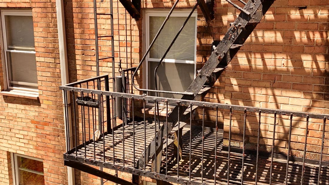 Drone field photograph, plate 121, 2026-05-07, New Jersey fire escape inspection by Oyster Fire Escape Inspections