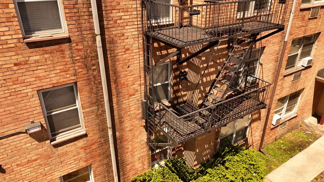 Drone field photograph, plate 122, 2026-05-07, New Jersey fire escape inspection by Oyster Fire Escape Inspections