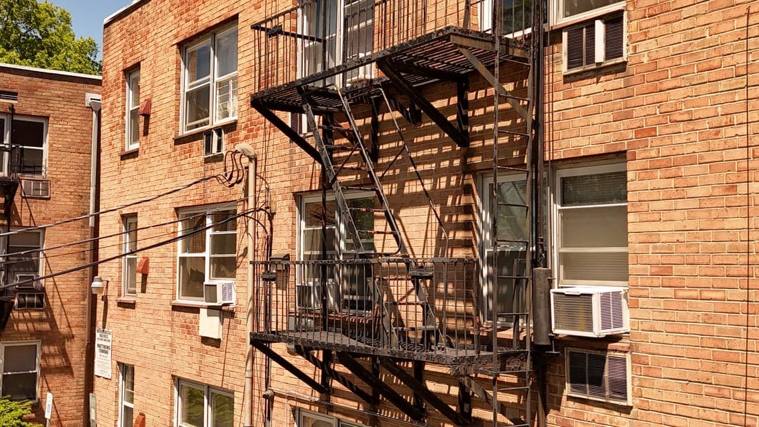 Drone field photograph, plate 124, 2026-05-07, New Jersey fire escape inspection by Oyster Fire Escape Inspections