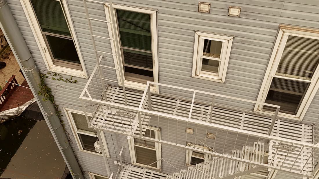 Drone field photograph, plate 130, 2026-05-11, New Jersey fire escape inspection by Oyster Fire Escape Inspections