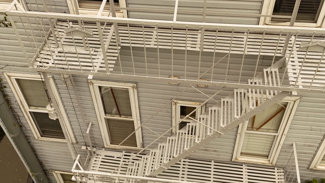 Drone field photograph, plate 131, 2026-05-11, New Jersey fire escape inspection by Oyster Fire Escape Inspections