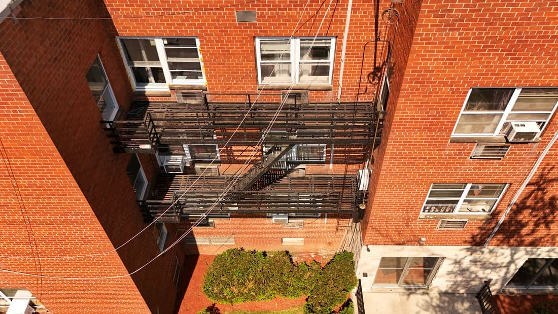 Drone field photograph, plate 135, 2026-05-19, New Jersey fire escape inspection by Oyster Fire Escape Inspections