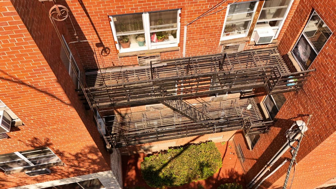 Drone field photograph, plate 137, 2026-05-19, New Jersey fire escape inspection by Oyster Fire Escape Inspections