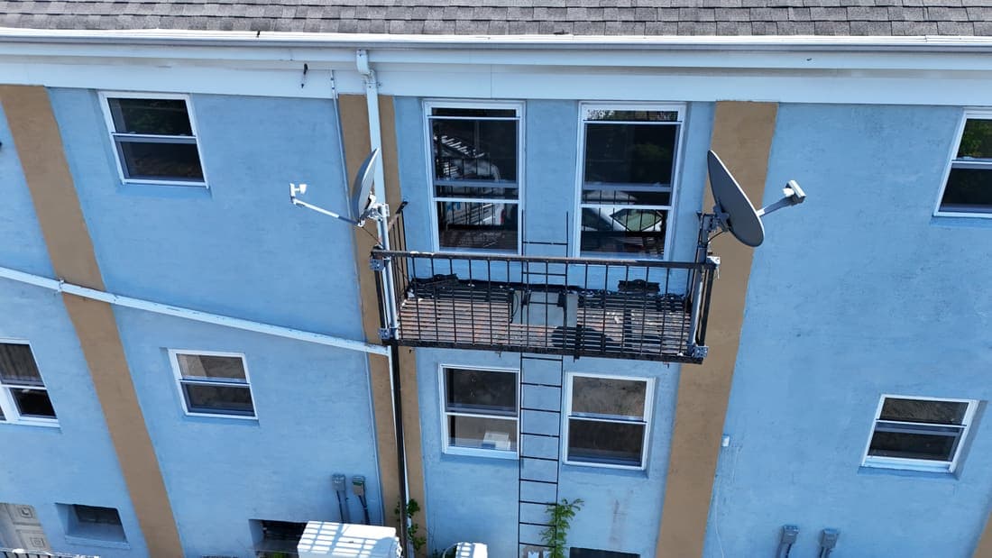 Drone field photograph, plate 143, 2026-04-24, New Jersey fire escape inspection by Oyster Fire Escape Inspections